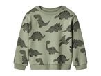 Green children's sweatshirt with a playful dinosaur pattern.