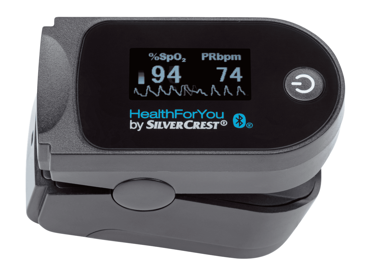 HealthForYou by SILVERCREST -pulssioksimetri, jossa näkyy SpO2- ja PRbpm-lukemat.