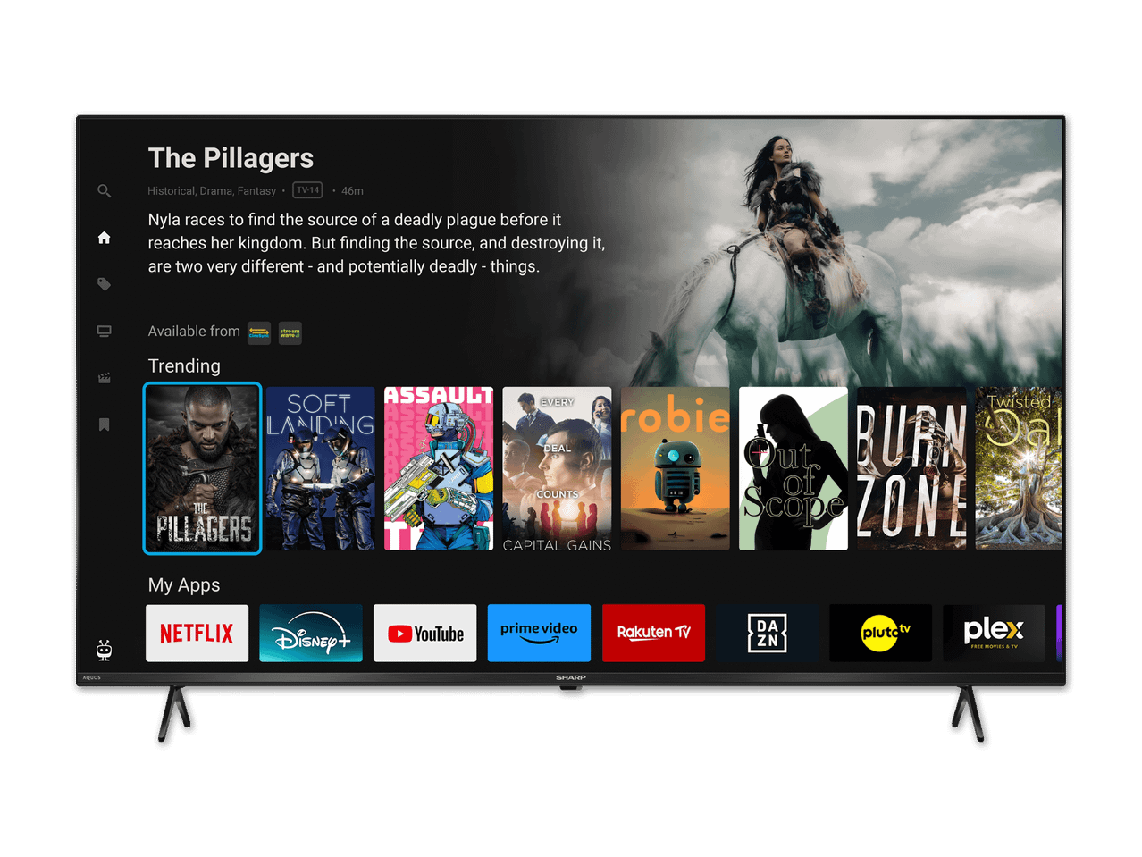 Smart-TV-Oberfläche mit Filmen und Streaming-Diensten wie Netflix und Amazon Prime.