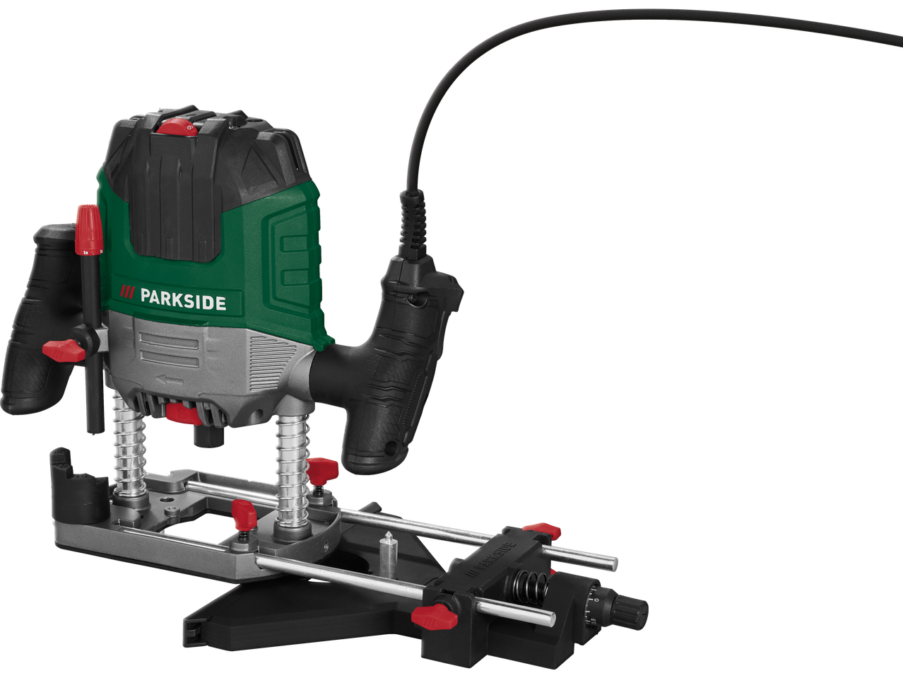 Parkside rokas frēze ar zaļu un melnu korpusu un sarkaniem akcentiem.