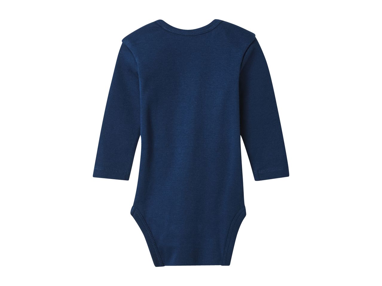 Dark blue long-sleeved baby bodysuit, back view.