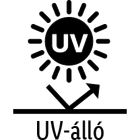UV-álló jelzés: nap szimbólum UV felirattal és visszaverődő nyíllal, alatta „UV-álló” szöveg.