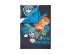 Mørkegråt sengesæt med en hund i en hjelm, en orange dinosaur og teksten 'PAW PATROL'.