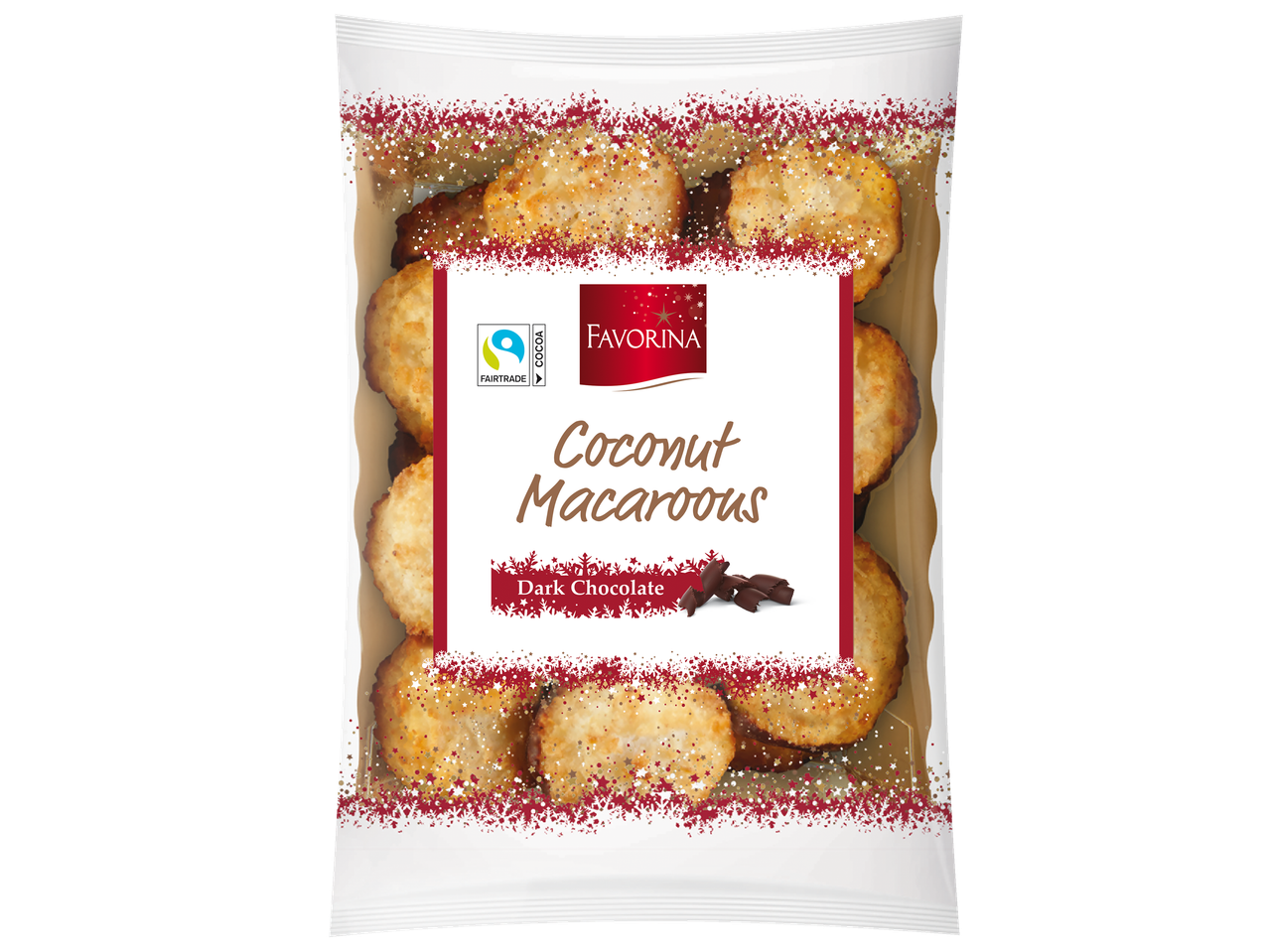 Favorina kokosriekstu makarūni ar tumšo šokolādi caurspīdīgā iepakojumā.