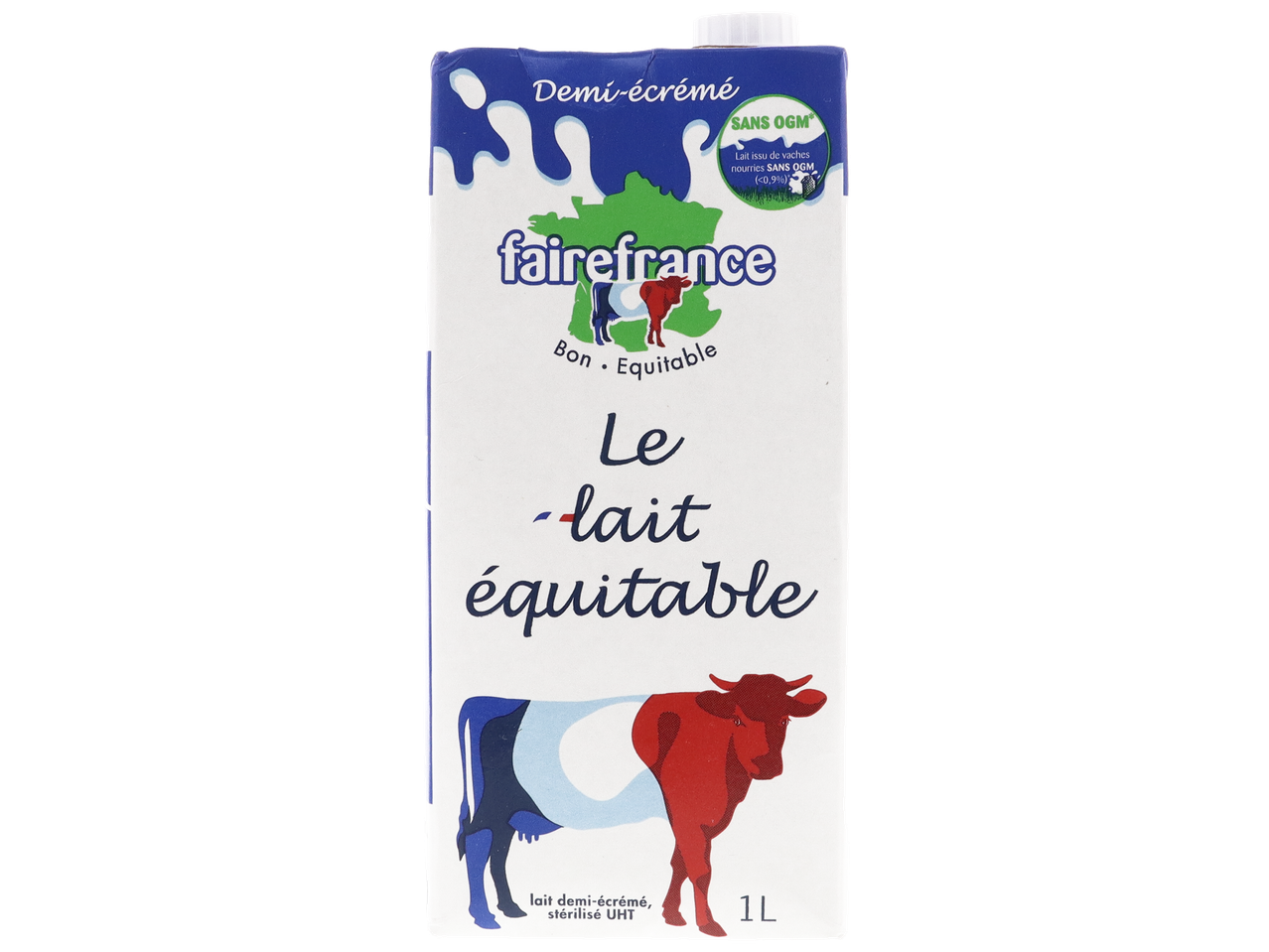 Brique de lait demi-écrémé équitable, sans OGM, avec des vaches et la carte de France.