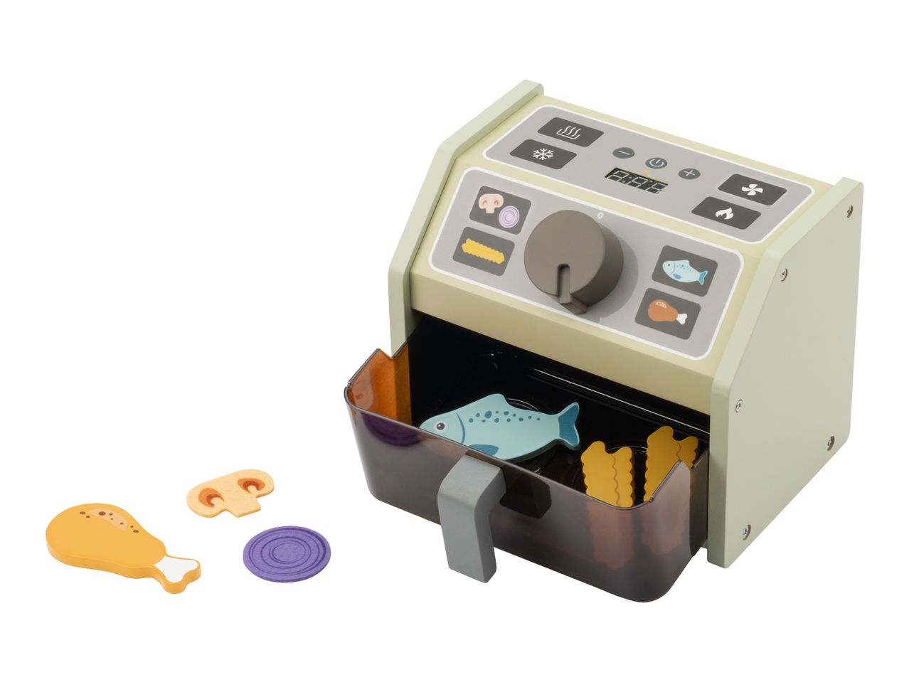 Toy air fryer with play food: fish, fries, chicken leg, mushroom, and onion.