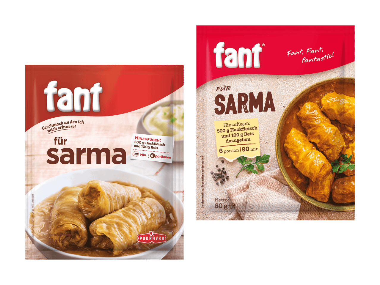 Due confezioni di condimento Fant per sarma, con istruzioni e immagini del piatto.