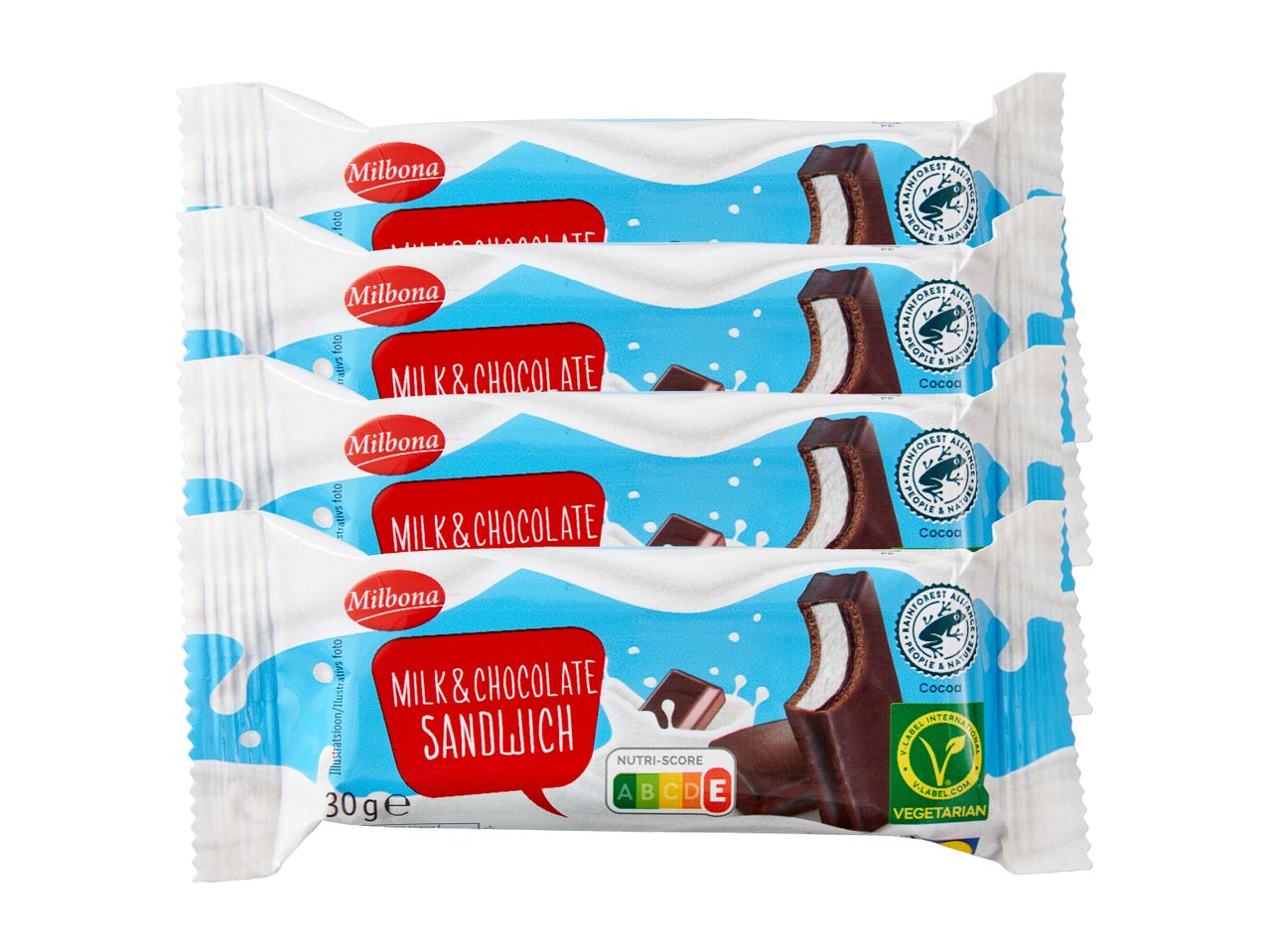 Milbona Milk & Chocolate Sandwich iepakojums ar Rainforest Alliance logotipu.