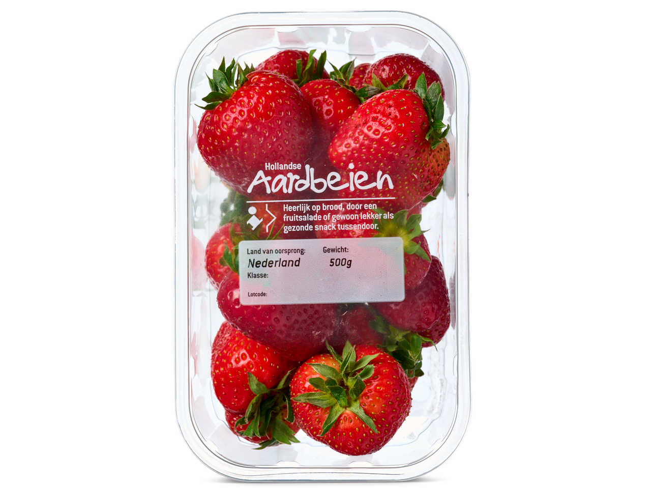500 gram Hollandse aardbeien in een transparante plastic verpakking.