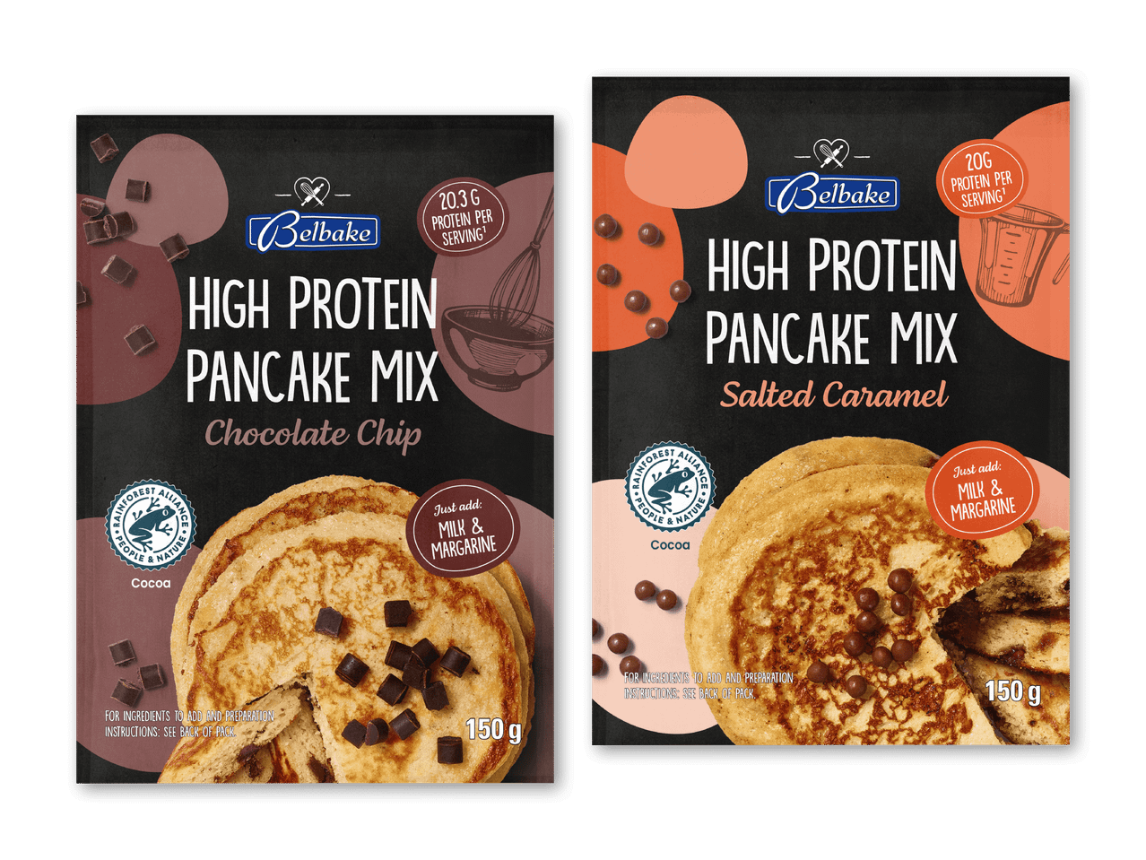 To pakker proteinpandekagemix, chokoladechip og saltkaramel, med 20g protein pr. portion.
