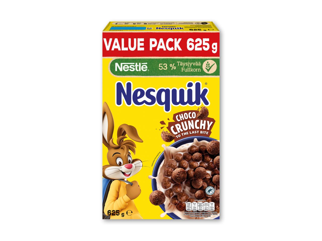 En pakke chokolade-morgenmadsprodukt med en tegneseriekanin og en skål med mælk og morgenmadsprodukt.