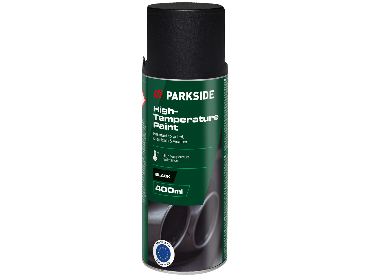 Parkside βαφή υψηλής θερμοκρασίας, 400 ml μαύρο δοχείο, ανθεκτικό σε βενζίνη, χημικά και καιρικές συνθήκες.