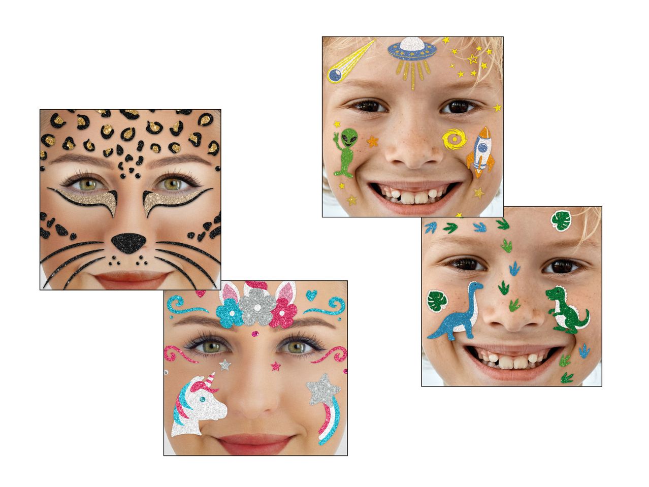 Gesichter mit Glitzer-Tattoos: Leopard, Weltraum, Einhorn und Dinosaurier