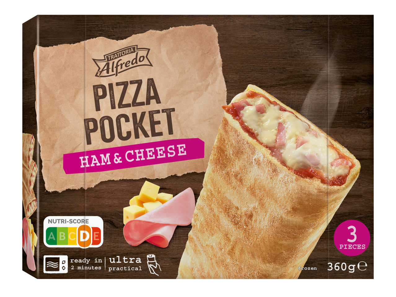Опаковка за замразени пица джобчета с шунка и сирене, 3 броя, 360g, с Nutri-Score D.