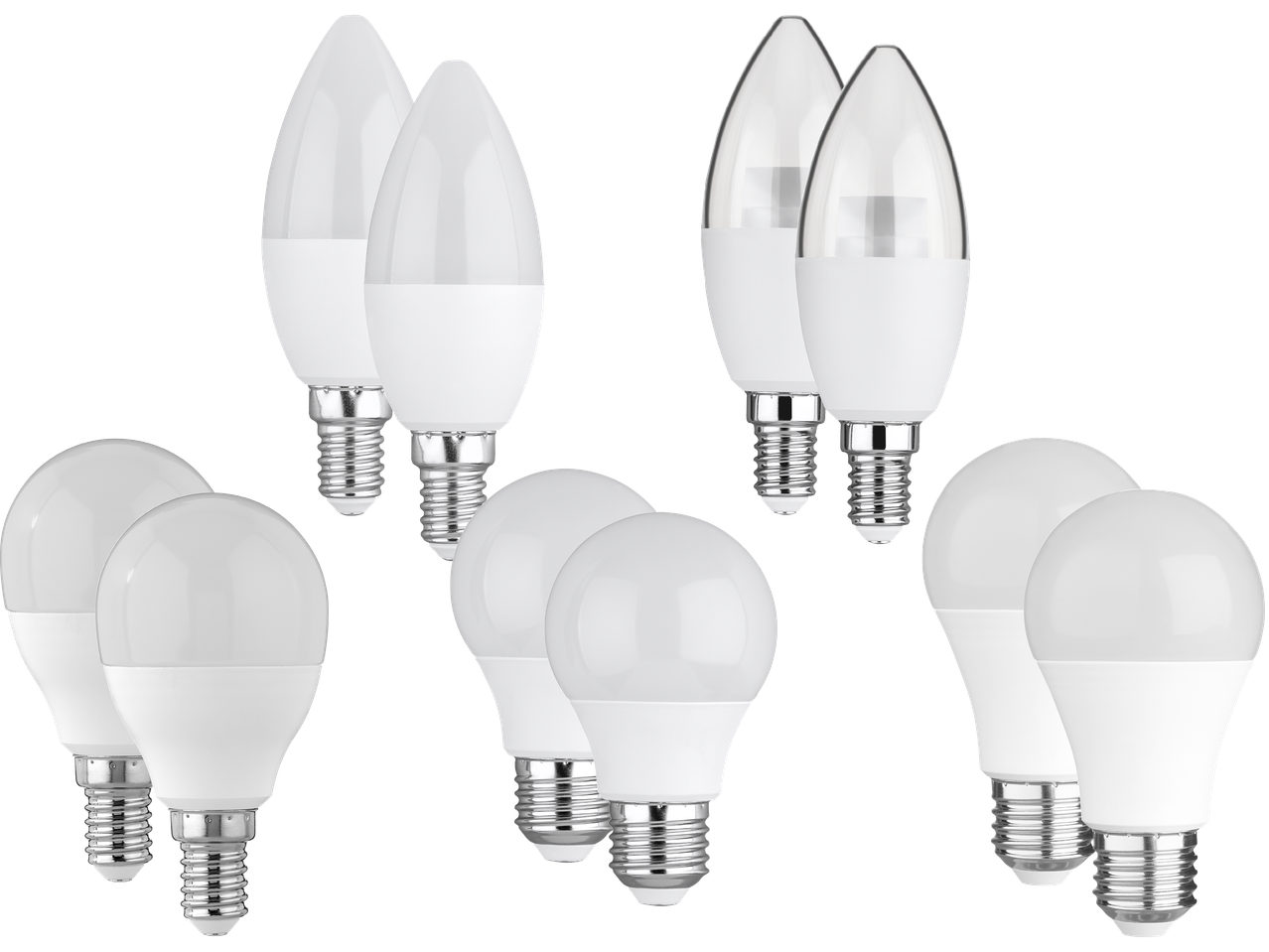 En samling av olika LED-lampor, inklusive kronljuslampor och klotlampor.