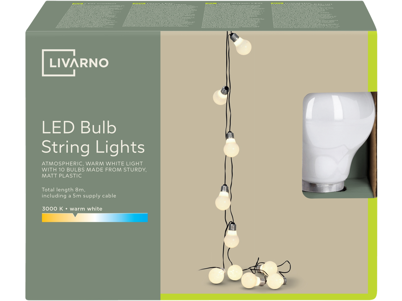 LIVARNO LED svetleći lanac, toplo beli, ukupne dužine 8m sa 10 mat plastičnih sijalica.