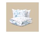 White bedding set with blue floral pattern, including two pillows and a folded duvet.