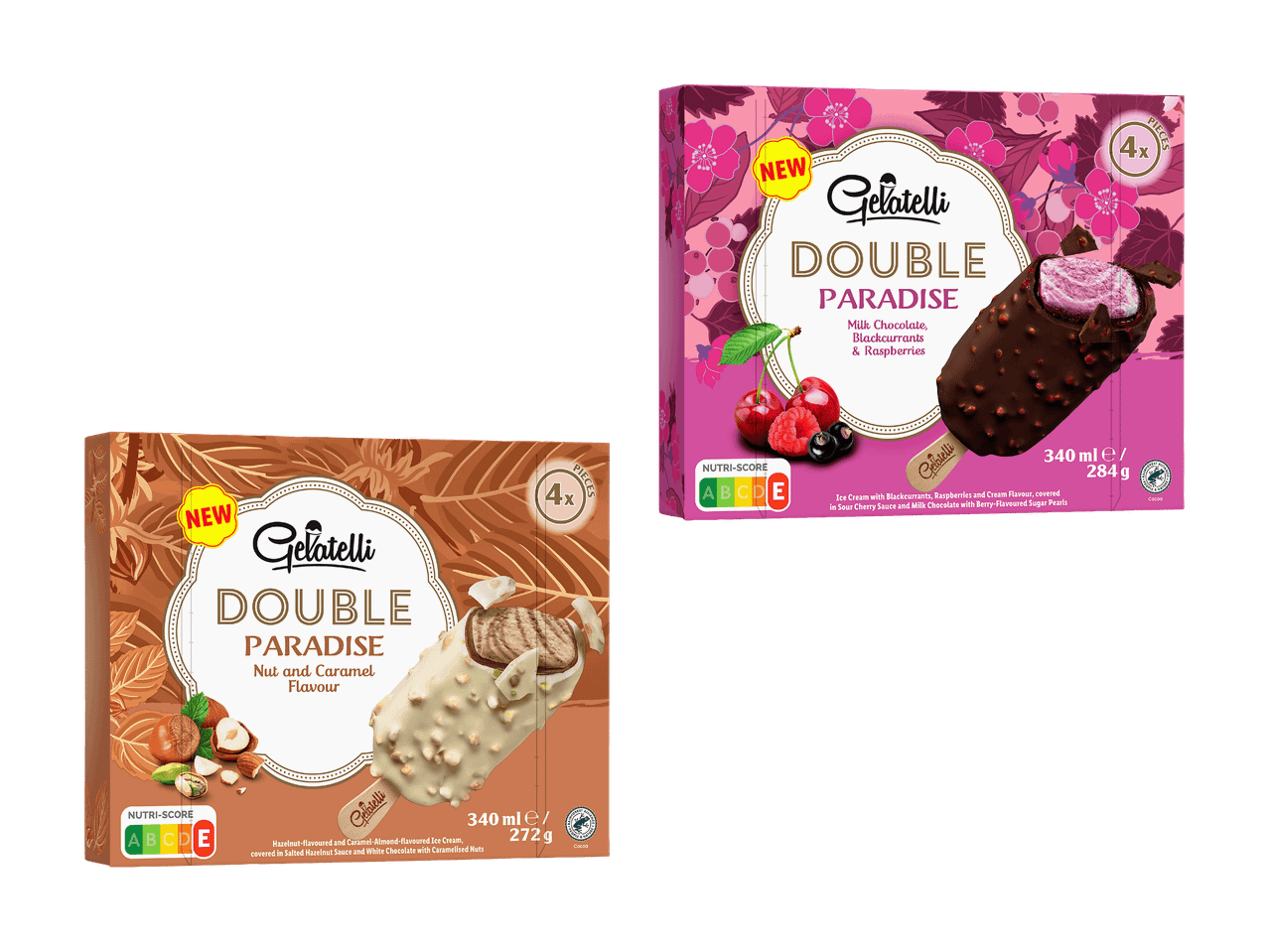 Zwei Packungen Double Paradise Eis, eine mit Beeren und eine mit Haselnuss-Karamell-Geschmack.
