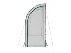 Lean-to greenhouse with a curved roof, green trim, and guy ropes