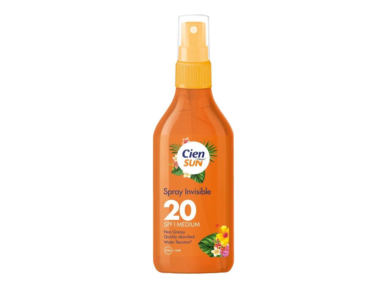 Cien Sun Spray invizibil de protecție solară SPF 20, sticlă portocalie cu flori tropicale.