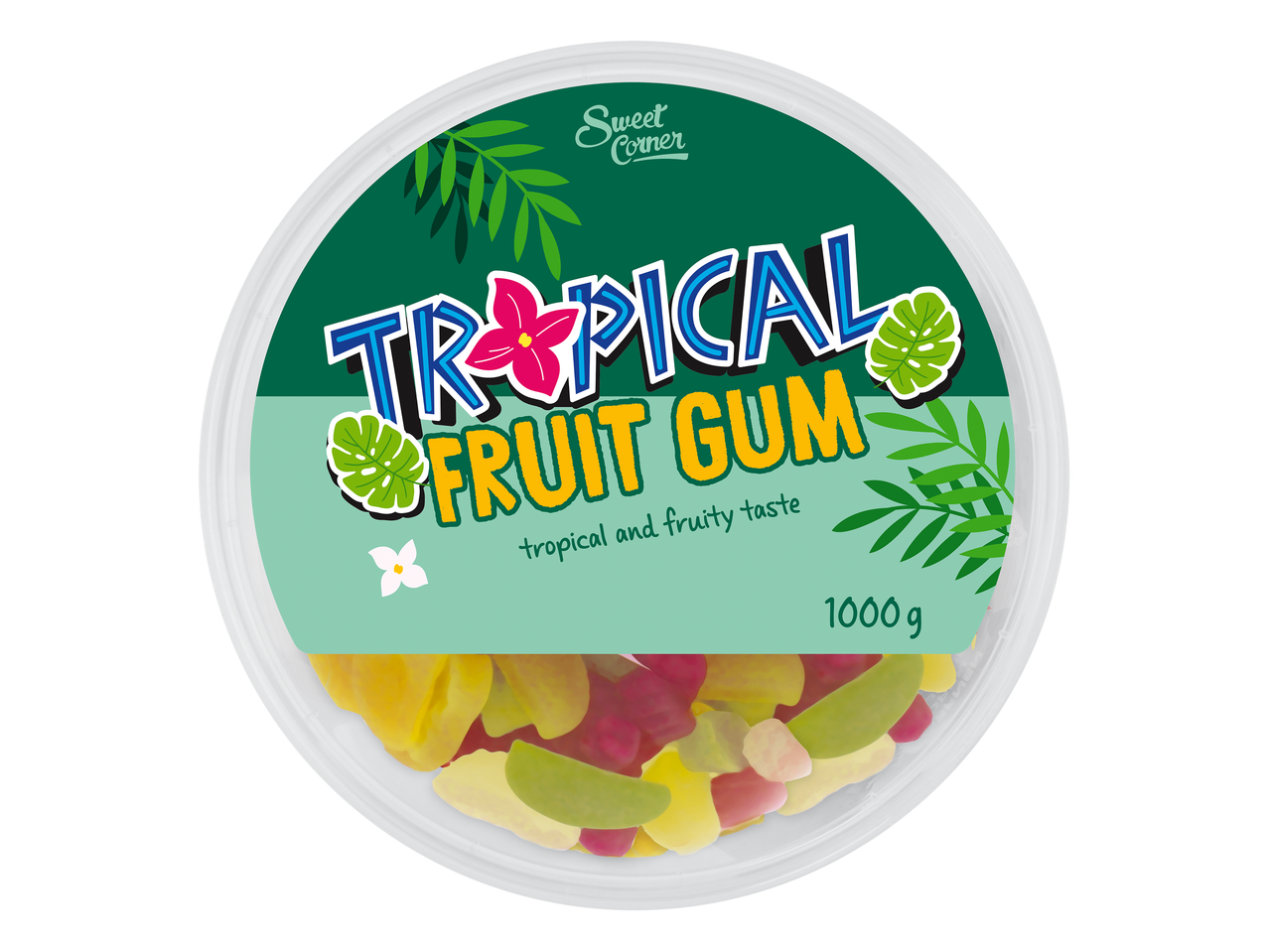 Bonbons gélifiés tropicaux dans une boîte ronde, avec des feuilles de palmier et des fleurs.