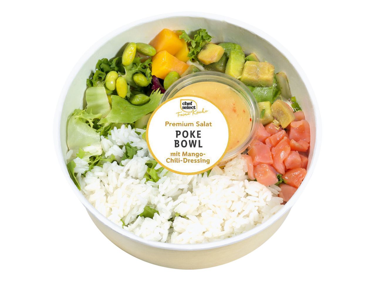 Chef Select Premium Poké Bowl: Lachs, Reis, Avocado, Mango-Chili-Dressing.