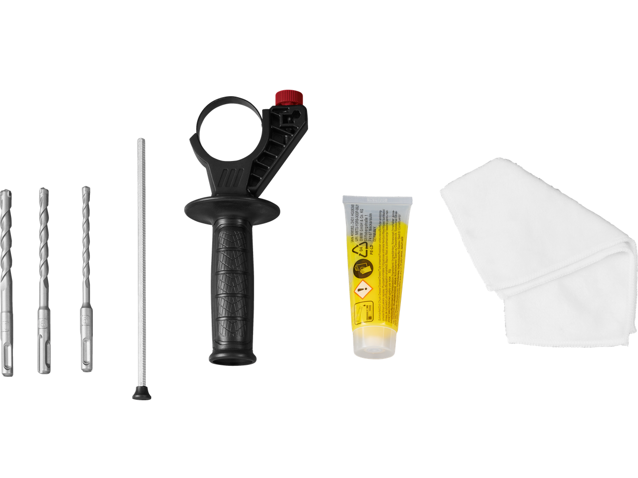 Fúrófejek, kiegészítő fogantyú, kenőzsír és tisztítókendő a PARKSIDE PERFORMANCE kombinált kalapácshoz.