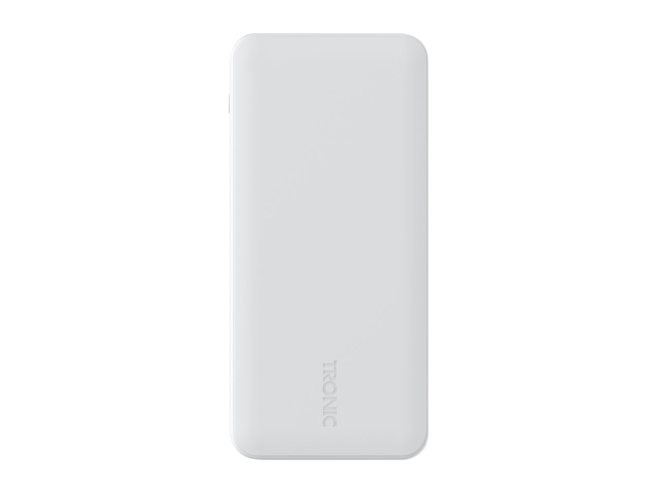 White power bank with rounded edges and the word 'TRONIC' embossed on the front.