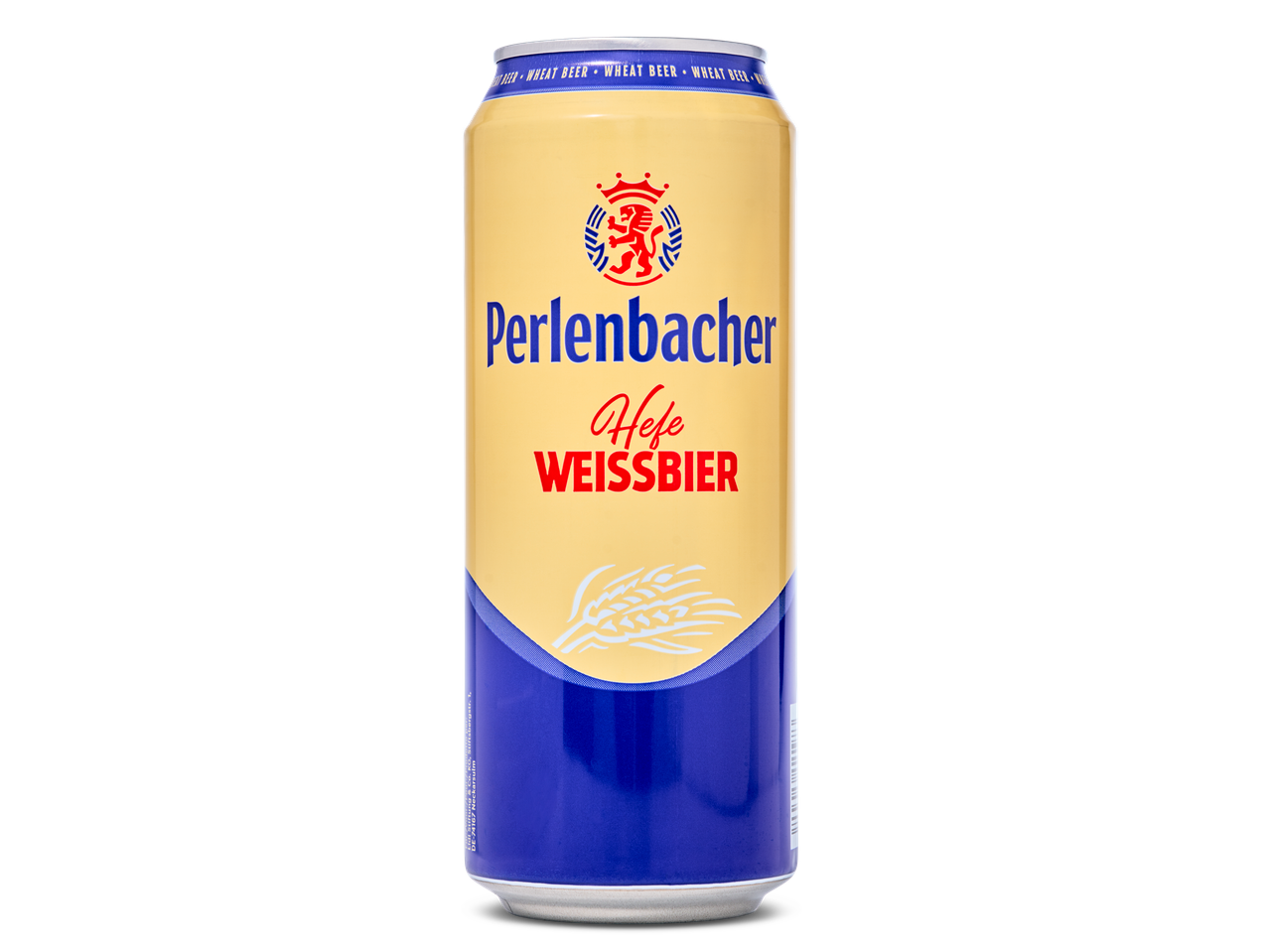 Perlenbacher Hefe Weissbier blik met goud en blauw ontwerp