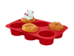 Crveni silikonski kalup za pečenje sa tri mafina, jedan sa šlagom i posipom.