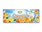 Pakke med 14 appelsinjuice-poser med appelsiner, citroner og vandstænk på en blå baggrund.
