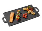 Grilled salmon fillet, vegetable skewer, roasted potatoes, and cherry tomatoes on a griddle.