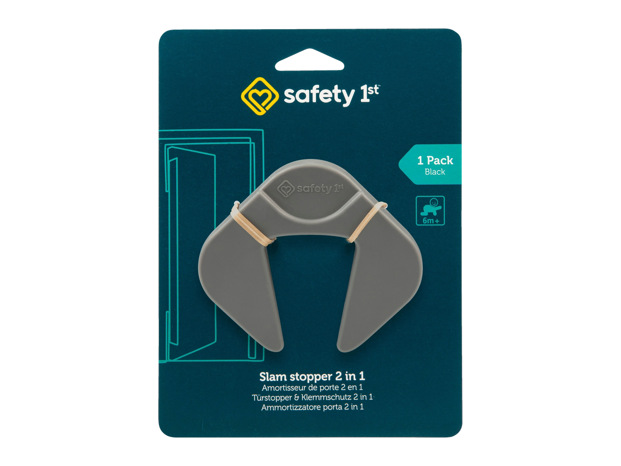 Safety 1st Slam Stopper 2-in-1 door stopper in black packaging.