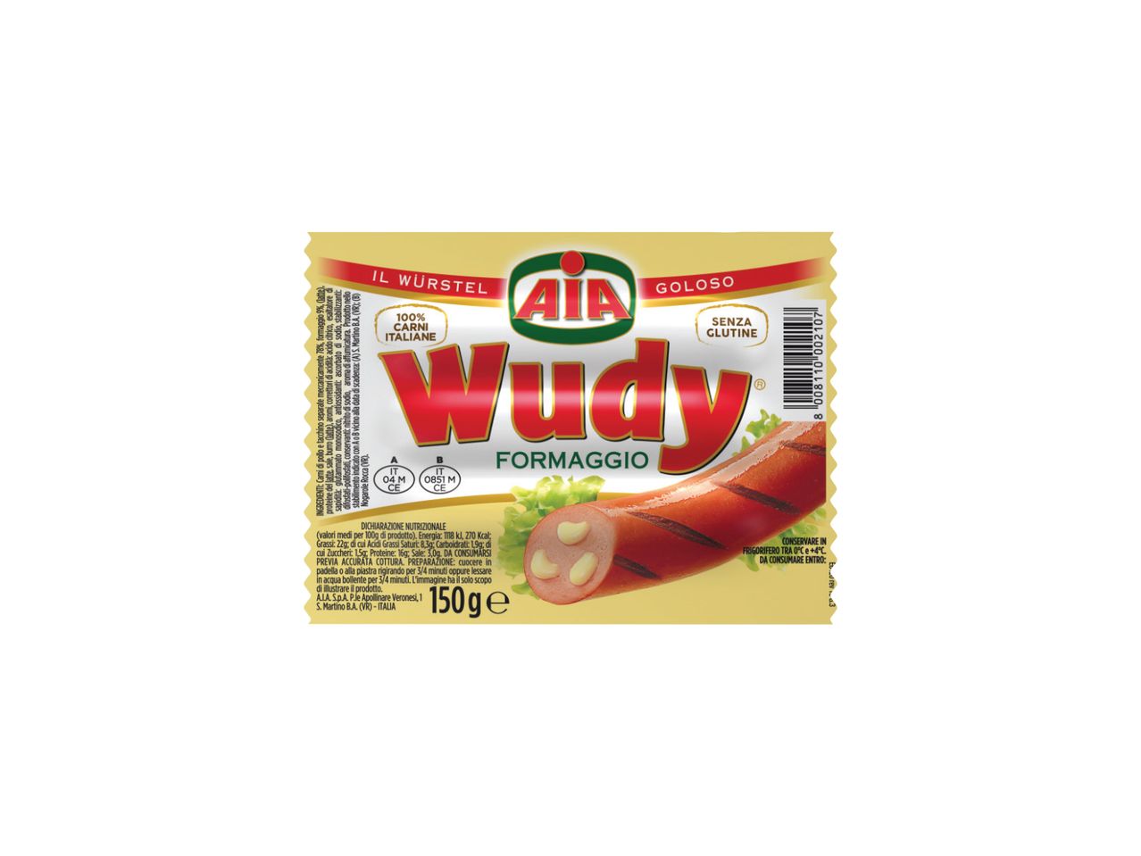 Pakovanje AIA Wudy viršli sa sirom, ističući da su od 100% italijanskog mesa i bez glutena.
