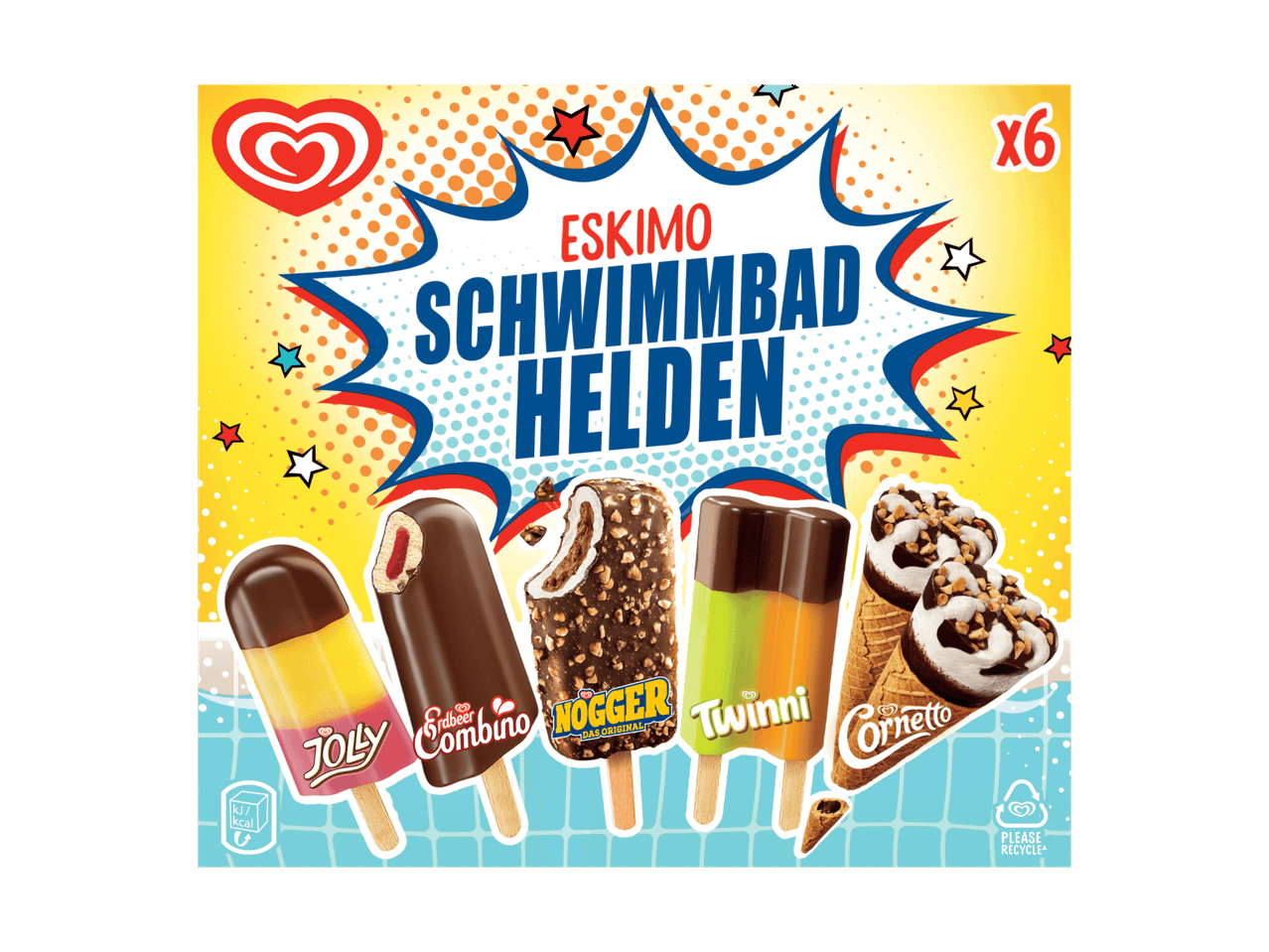 Eis am Stiel 'Schwimmbadhelden' von Langnese: fünf verschiedene Sorten.