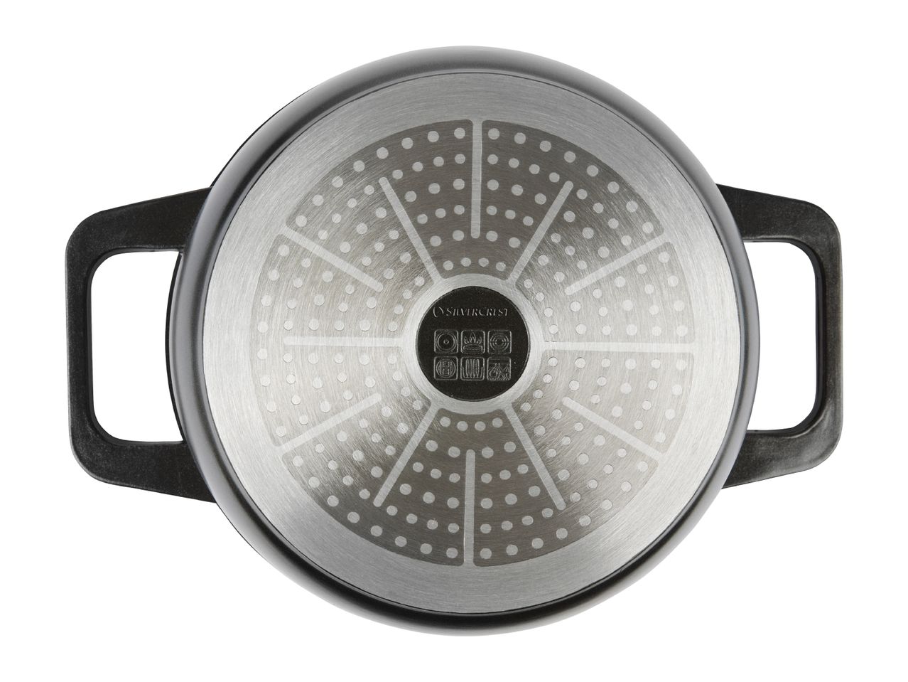 Bottom of a BergHOFF cookware pot with a patterned base for even heat distribution.