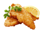 Zwei goldbraune Fischfilets mit Petersilie und Zitronenscheibe.