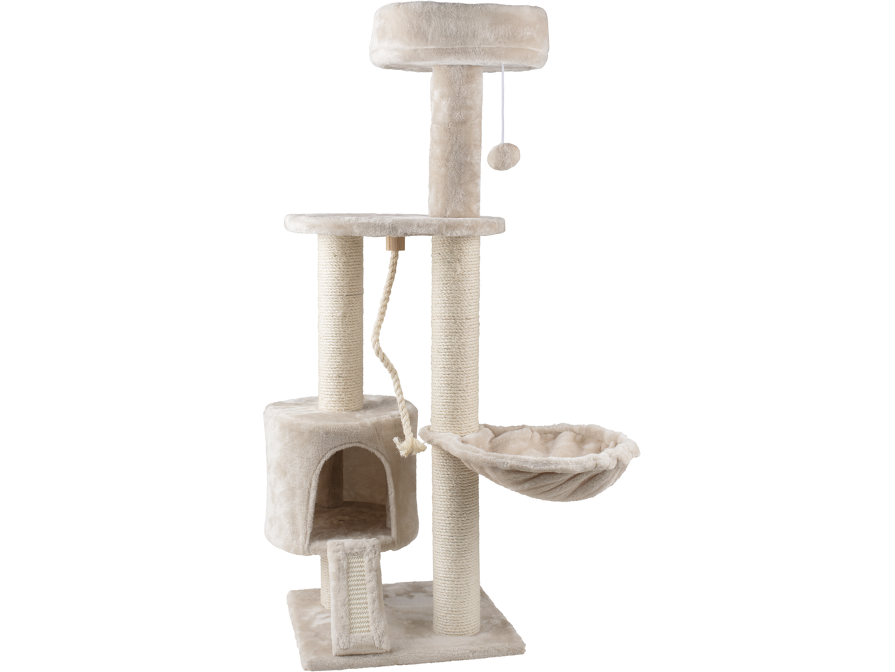Beige Cat Activity Tower with multiple levels and accessories.