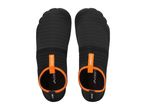 Pair of black and orange water shoes with textured soles and pull tabs.