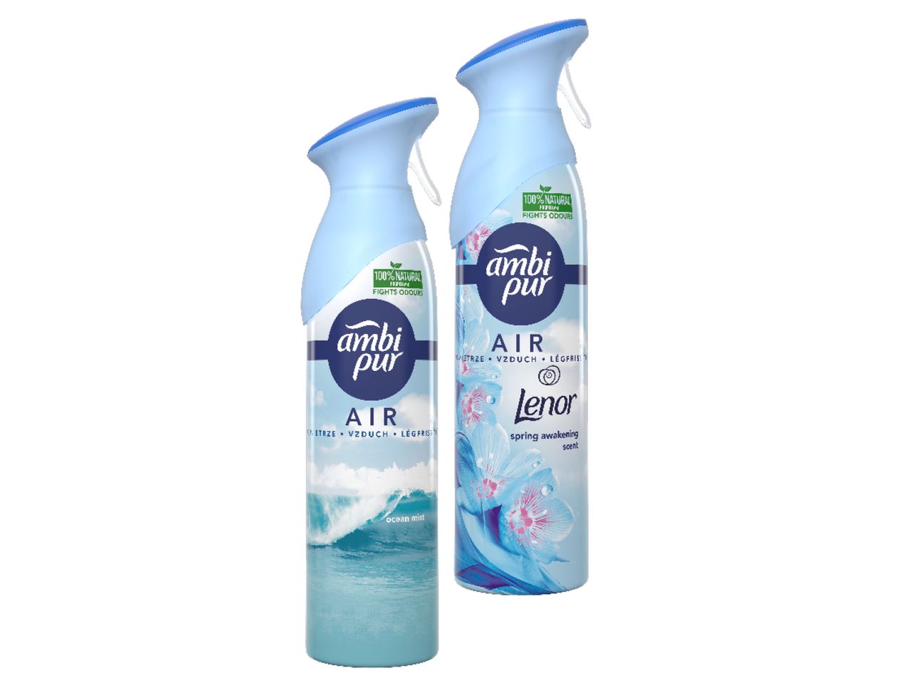 Divi Ambi Pur aerosola gaisa atsvaidzinātāji, viens ar okeāna miglas, otrs ar Lenor aromātu.