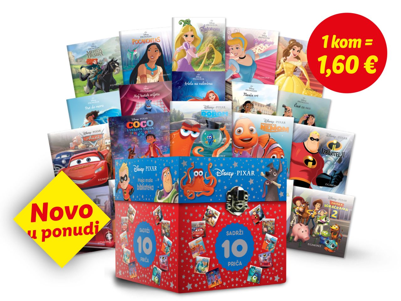 Kolekcija Disney i Pixar knjiga, uključujući princeze i filmove, s cijenom od 1,60 € po komadu.