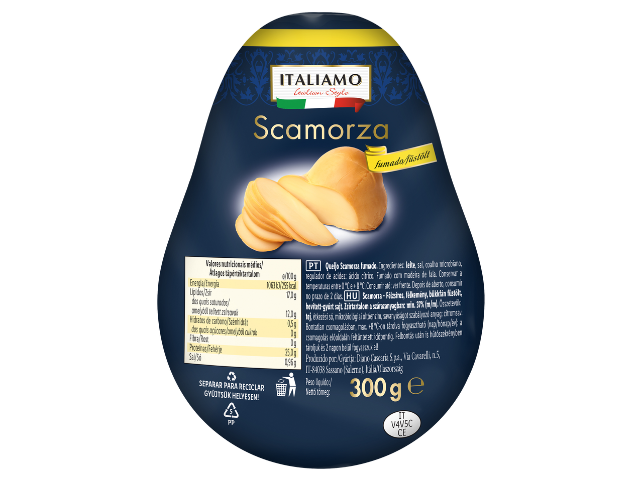 Szeletelt füstölt Scamorza sajt kék csomagolásban.