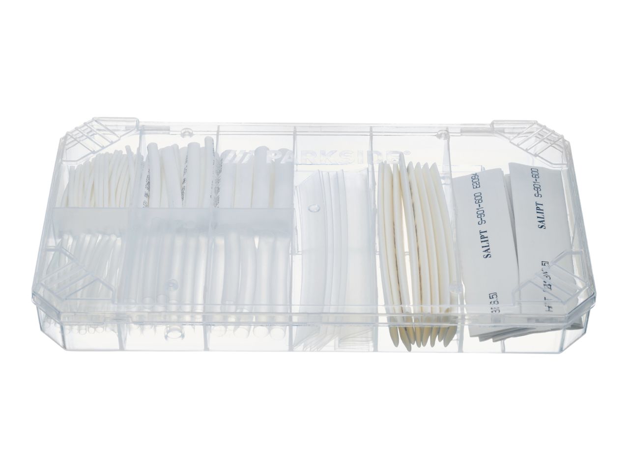 A clear plastic organizer box filled with white heat shrink tubing, including SALIPT brand.