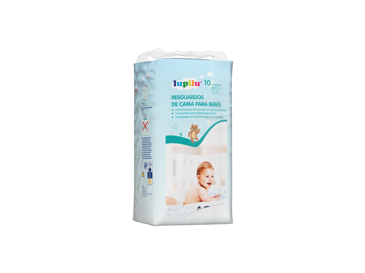 Protetores de cama para bebé Lupilu, 10 unidades, 60x80 cm, com um bebé sorridente na embalagem.