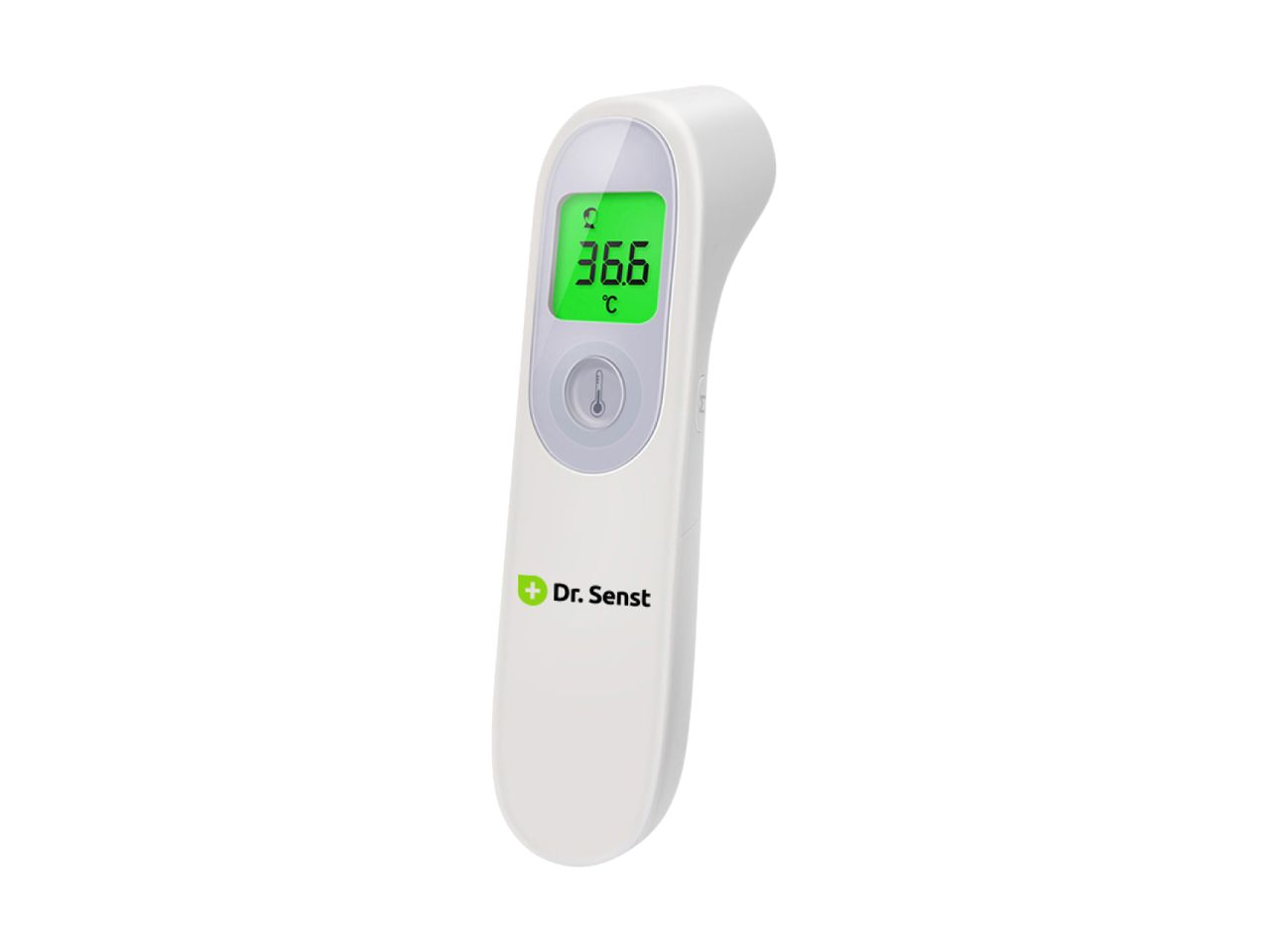 Hvidt infrarødt termometer med grøn digital skærm, der viser 36,6 °C.