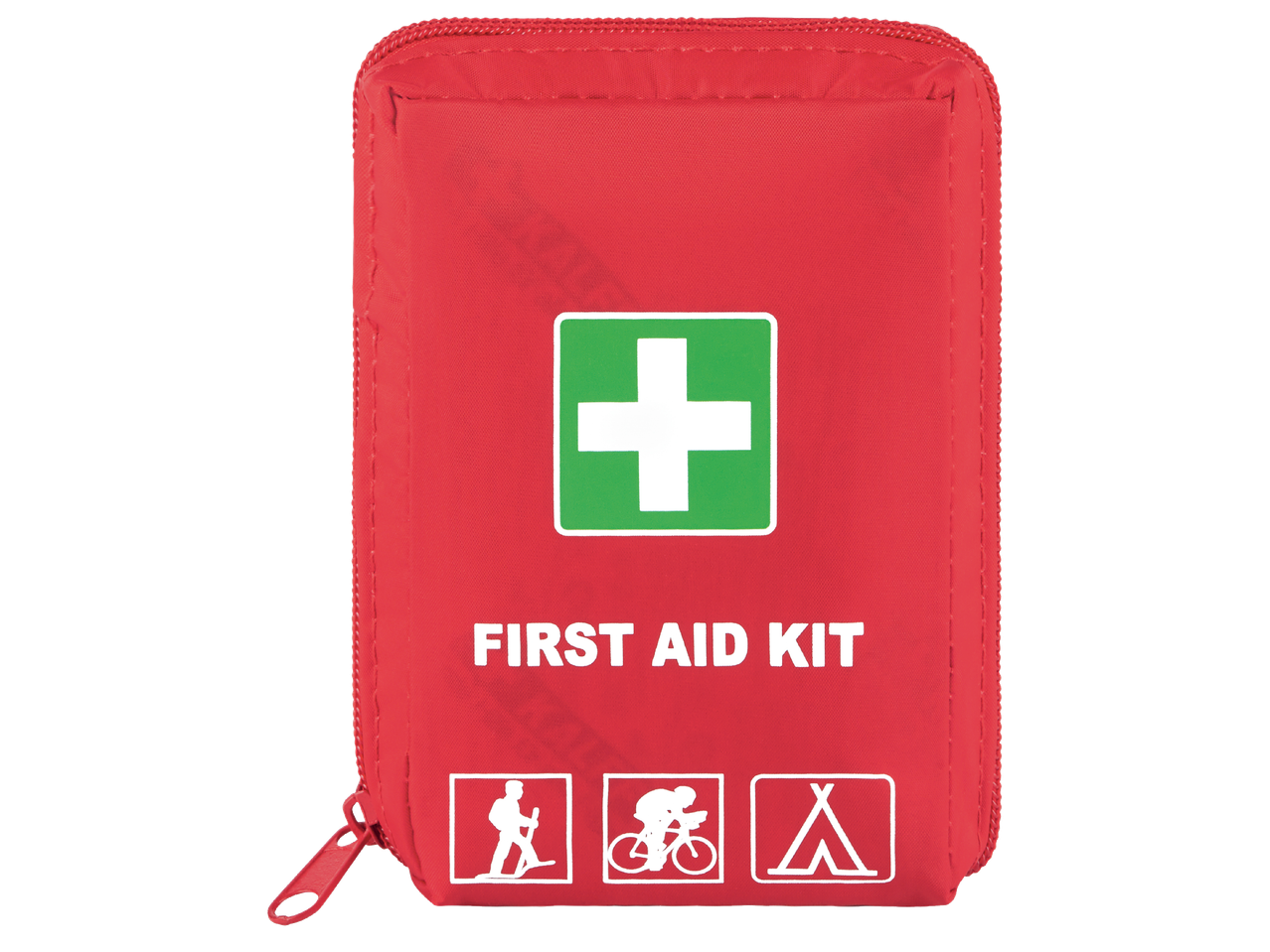 Червена аптечка с бял кръст, надпис 'FIRST AID KIT' и икони за туризъм, колоездене и къмпинг.