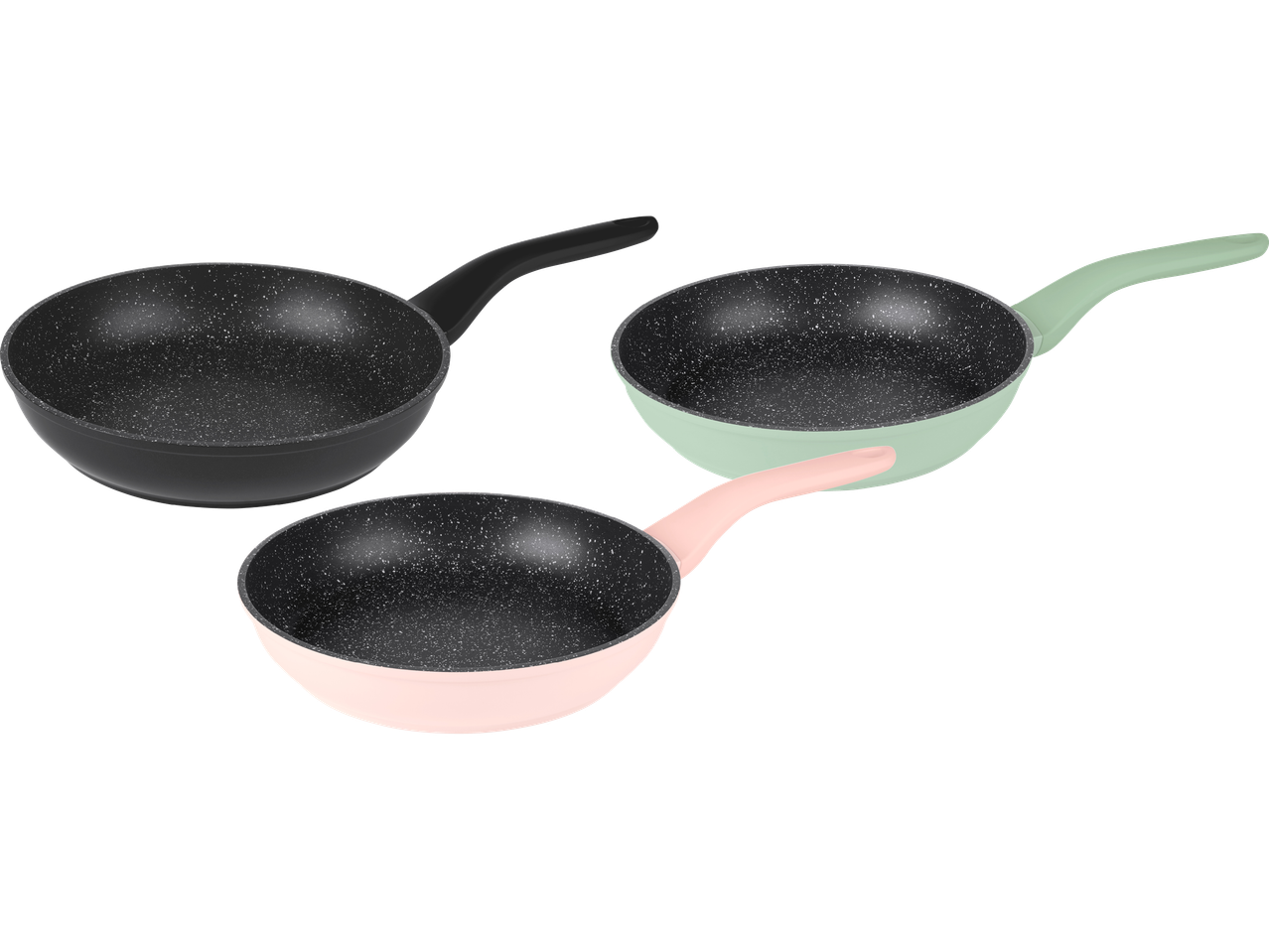 Tre stekpannor i svart, mintgrön och rosa med fläckig insida.