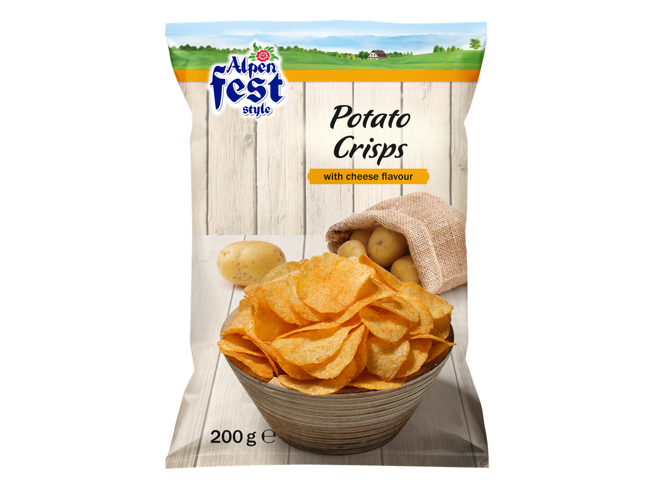 Alpenfest Potato Crisps with cheese flavour, 200g, in a bowl with fresh potatoes.
