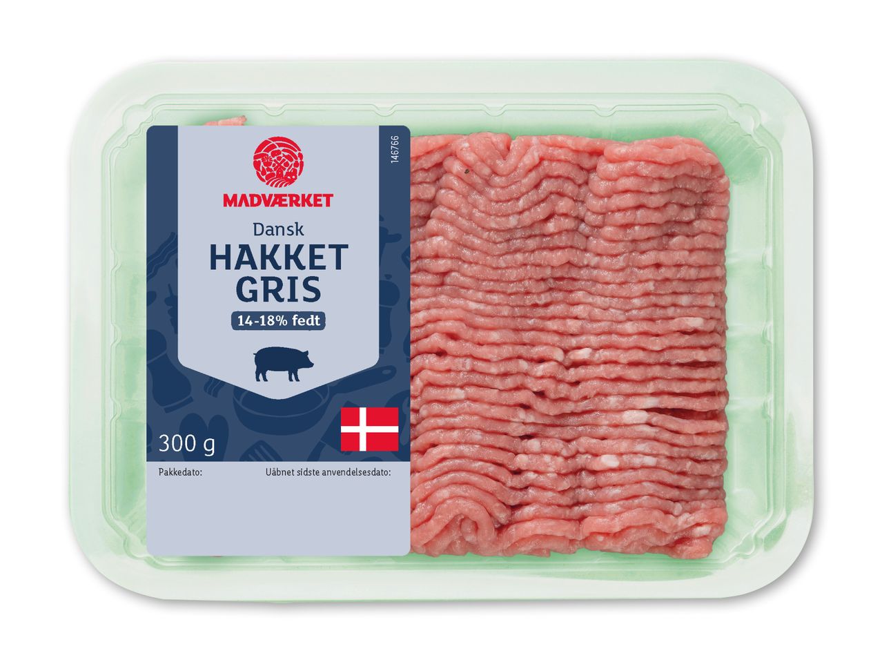 Pakke med 300g hakket gris med 14-18% fedt, mærket 'Danish Hakket Gris' og det danske flag.