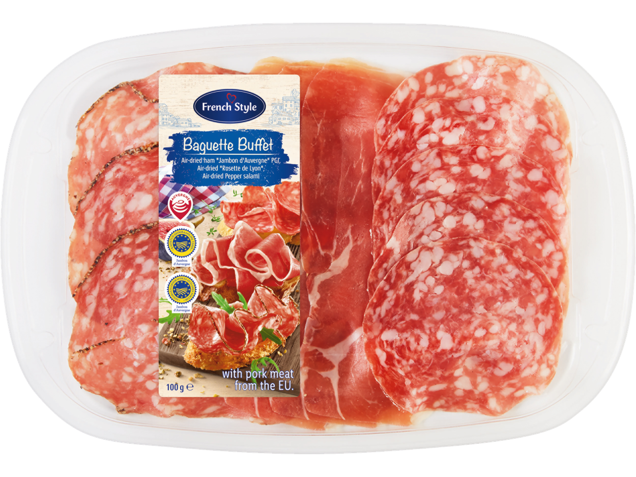 Prantsuse stiilis Baguette Buffet: kuivatatud sink, salam ja piprasalami.